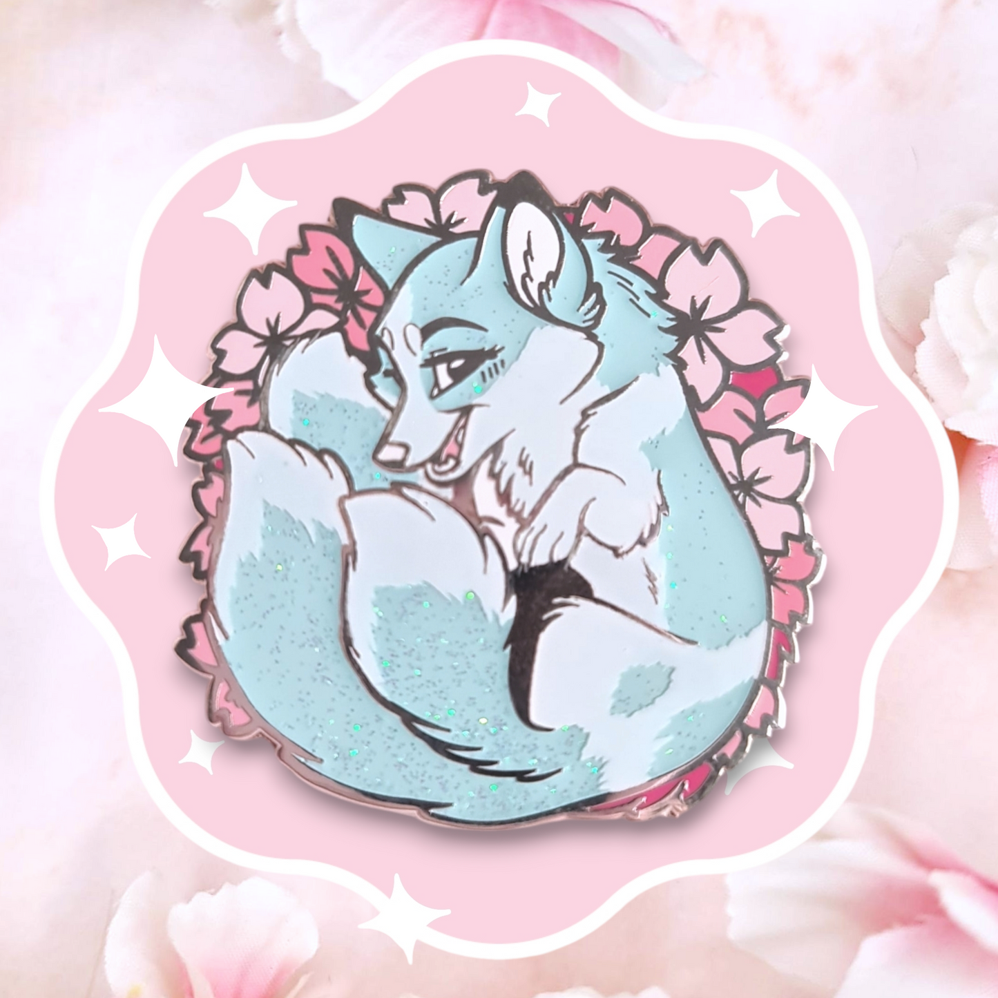 Sakura Glitter Kitsune Enamel Pin