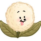 Cartoon character with a white face and green leaves on a white background