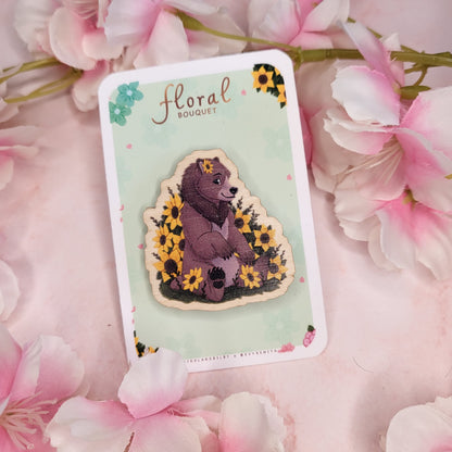 Sunflower Bear Wooden Pin