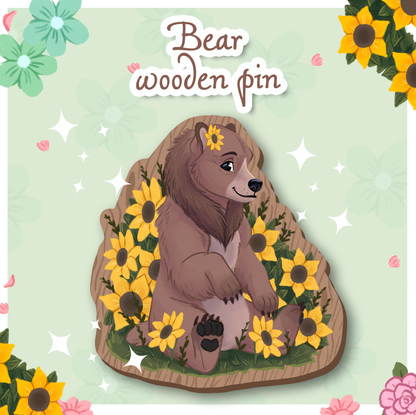 Sunflower Bear Wooden Pin